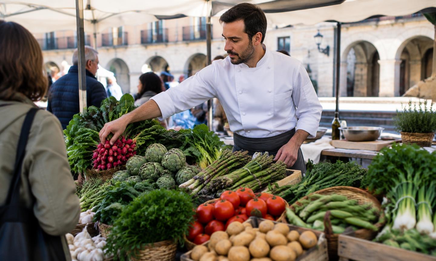 Cocinero eligiendo verduras en un mercado